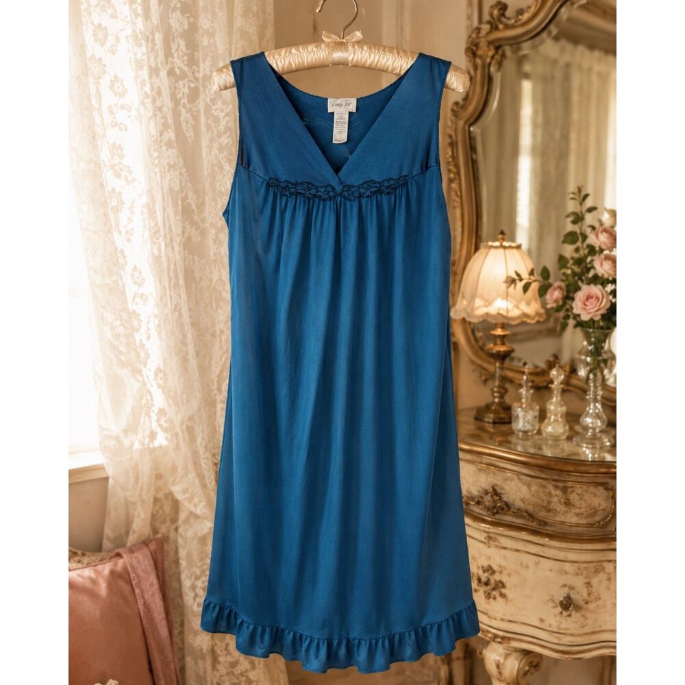 Vintage Vanity Fair Blue Nylon Nightgown Sleeveless Lace Trim Slip Dress 1970s